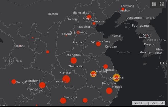 중국 우한시에서 시작된 우한폐렴이 전세계적으로 확산되고 있다. 티벳을 제외한 중국 전역에 확산됐고 우리나라, 일본,호주,베트남, 말레이시아,싱가포르, 베트남, 프랑스 등지로 전파됐다. 자료=ESRI,HER
