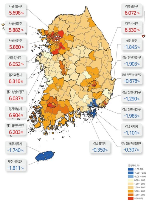 2019년 시군구별 지가변동률 색인도. 자료=국토교통부