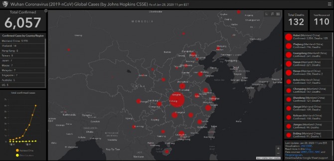 존스홉킨스대 연구진이 운영하는 ‘우한 코로나바이러스 전 세계 전파 실태’ 지도. 사진=존스홉킨스대