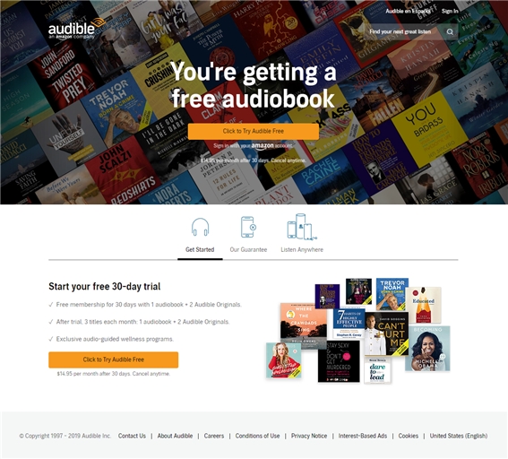 대표적인 오디오북 업체 Audible사의 홈페이지 갈무리
