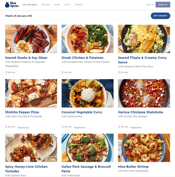 대표적인 밀키트 업체 Blue Apron사의 홈페이지 갈무리
