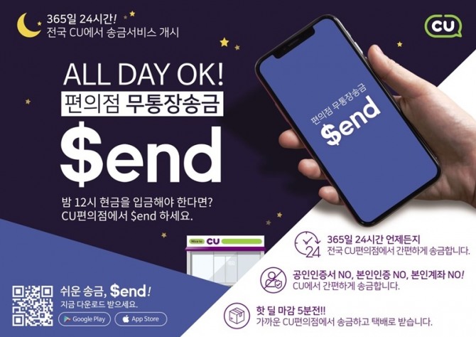 CU는 31일 송금앱 센드(Send)와 손잡고 업계 최초로 24시간 편의점 무통장 송금 서비스를 선보인다고 밝혔다. 사진=CU
