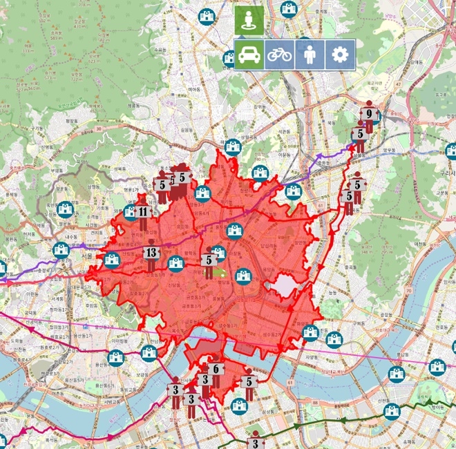 감염자가 5분내 갈 수 있는 거리를 그림으로 보여주는 지도. 사진=한국공간정보통신