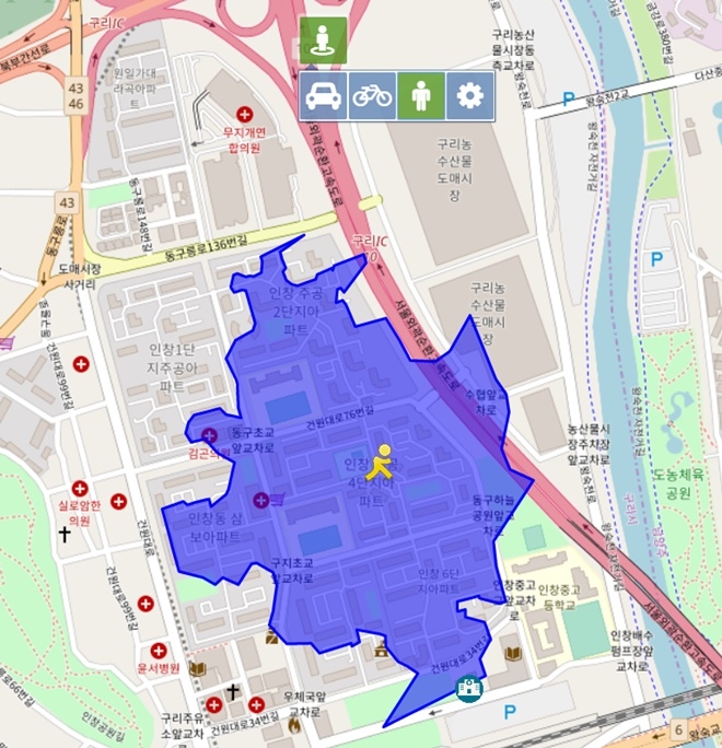 우한폐렴 5번 확진자가 5분동안 자동차를 이용하면 도달할수있는 반경. 자료=한국공간정보통신
