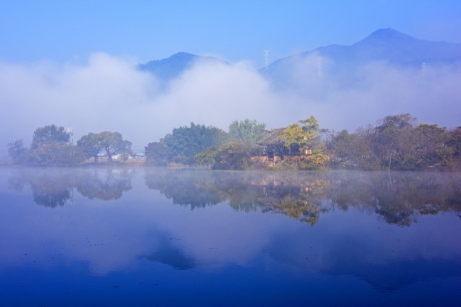 경남 밀양시는 6일 겨울의 색다른 특징이 있는 관광지 '위양지'를 소개해 관심을 끌고 있다.사진은 위양지의 물안개. 사진=밀양시 제공 