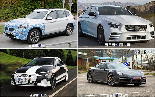 (위 왼쪽부터 시계 방향으로) BMW iX3, 벤츠 E클래스, 포르쉐 911 터보, 아우디 A3. 사진=각 제조사