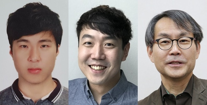 KASIT연구팀이 2방향으로 늘어뜨릴 수 있는 스트레처블 디스플레이를 개발했다. 개발 주역인 임명섭박사(왼쪽부터), 남민우 박사과정, 최경철 교수 팀. 사진=KAIST 