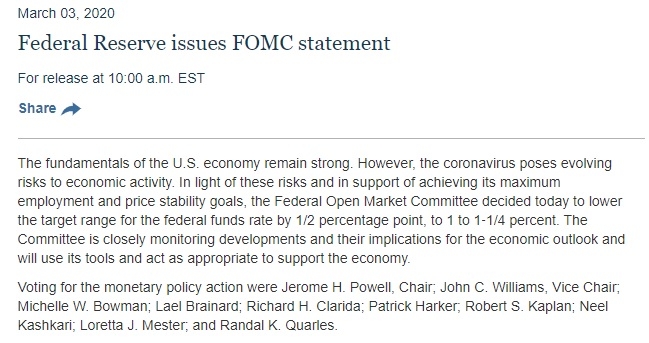 미국 연방준비제도(Fed) 연방공개시장위원회(FOMC) 성명에 따르면 코로나바이러스가 미국 경제 활동에 위험을 초래하고 있다. 사진=Fed 홈페이지