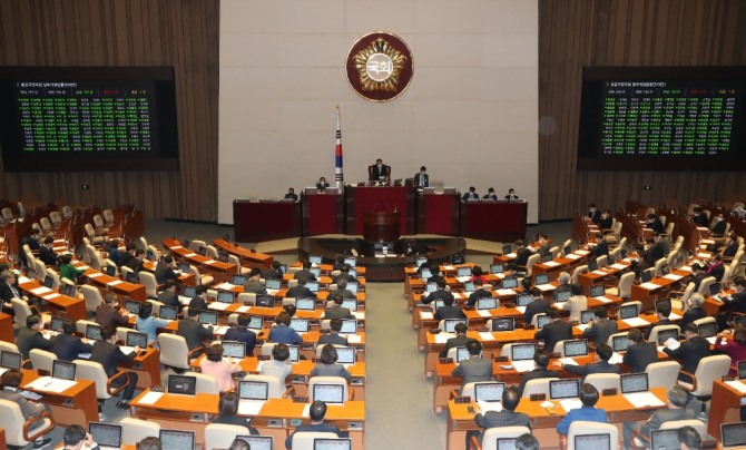 5일 국회에서 인터넷전문은행법, 특정 금융거래정보의 보고 및 이용 등에 관한 법률 개정안 등 안건을 처리하기 위한 본회의가 열리고 있다. 사진=뉴시스