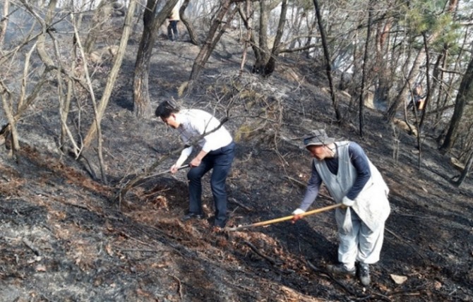 지난해 4월 수락산 도안사 인근에서 발생한 산불이 진화된 뒤 노원구청과 사찰 관계자들이 잔불 정리를 하고 있는 모습. (기사 내용과 직접 관련이 없는 자료사진입니다). 사진=뉴시스