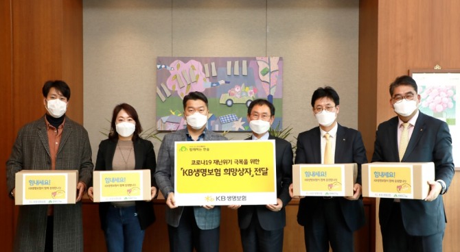 허정수 KB생명보험 대표이사(오른쪽 세 번째)와 권훈상 함께하는 한숲 이사장(오른쪽 네 번째)이 대구·경북지역 아동·청소년을 위한 식료품 전달 후 기념촬영을 하고 있다. 사진=KB생명보험