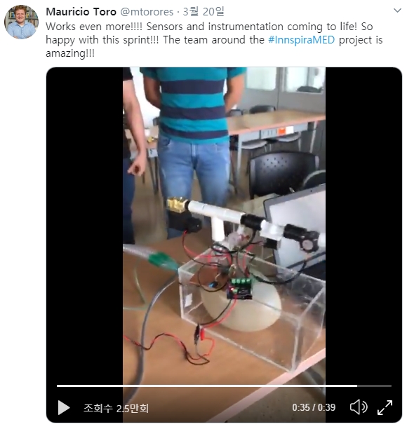 마우리치오 토로 연구팀이 공개한 오픈 소스 인공호흡기 시제품. 사진=트위터 캡처