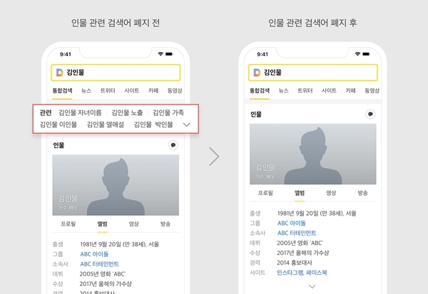 포털사이트 다음 내 인물 관련 검색어와 실시간 이슈 검색어 폐지 이미지. 사진=카카오