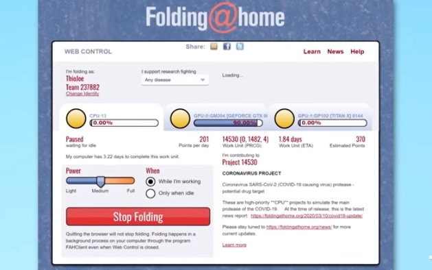 미 스탠퍼드 대학을 중심으로 한 분산 컴퓨팅 프로젝트 ‘Folding@home’은 이달 코로나 바이러스 해석에 착수해 잉여 CPU와 GPU의 처리능력을 제공하겠다고 밝혔다.