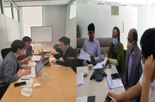 한국해외인프라도시개발지원공사(KIND)가 방글라데시 민관합작사업청(PPPA) 관계자들과 컨퍼런스콜(전화회의)을 하고 있다. 사진=KIND 