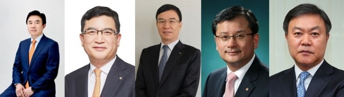 보험사 CEO들이 자사주 매입에 나섰다. (왼쪽부터) 전영묵 삼성생명 사장, 강성수 한화손해보험 사장, 뤄젠룽 동양생명 사장, 여승주 한화생명 사장, 최영무 삼성화재 사장