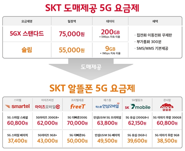 SK텔레콤 도매제공 5G 요금제와 알뜰폰 5G 요금제 가격. 자료=SK텔레콤