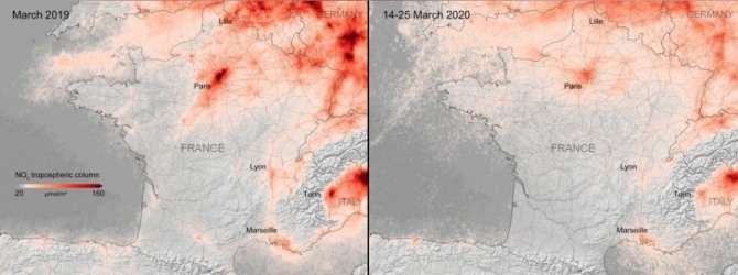 유럽우주국(ESA)이 촬영한 지난해 3월 프랑스와 인근국가의 대기 오염도와 올해 3월 14~25일 대기 오염도. 오염도는 자동차와 공장에서 주로 나오는 이산화질소의 대기중 분포량을 기준으로 했다. 사진=로이터