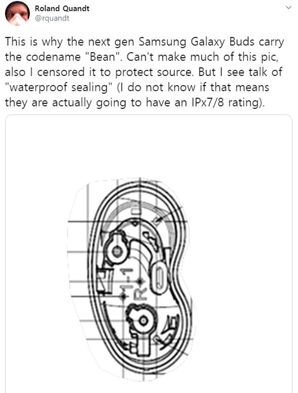 롤랜드 퀀딧 유출자가 공개한 차기 갤럭시버즈(빈) 도면 유출 사진. 사진=롤랜드 퀀딧 트위터 갈무리