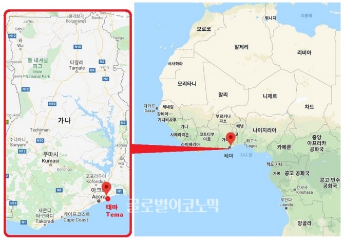 아프리카 가나의 최대항구도시이자 현지 한국 교민 최대 거주지인 테마(Tema)의 위치도. 사진=구글맵 기반 디자인 처리