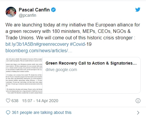 '녹색회복연대'가 유럽의회 환경보건위원회 위원장을 맡고 있는 프랑스의 파스칼 칸핀의 주도로 출범했다.