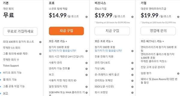 줌 요금제 목록. 출처=줌