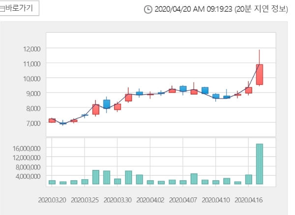  네이처셀은 이날 오전 9시 13분 현재 전거래일 대비 11.01% 오른 1만2100원에 거래되고 있다. 자료=한국거래소