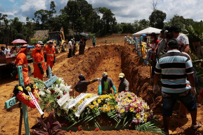 21일(현지시간) 브라질 아마조나스주 마나우스의 한 공동묘지에서 묘지 노동자들이 코로나19로 숨진 사망자의 시신을 집단 매장하기 위해 구덩이를 준비하고 있다. AP/뉴시스