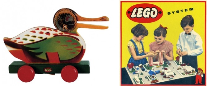 Pull-along Wooden Duck(왼쪽) ⓒ Lego, 쌓아서 올리는 체계를 만든 레고 최초의 시스템 제품(1954년, 오른쪽) ⓒ stackexchange