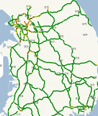 25일 오전 11시 기준, 전국이 대체적으로 원활한 교통량을 보이고 있다. 사진=로드플러스 홈페이지
