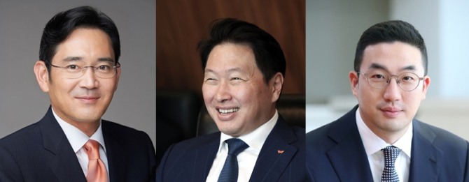 (왼쪽부터)이재용 삼성전자 부회장, 최태원 SK그룹 회장, 구광모 LG그룹 회장.