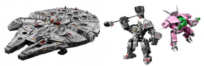레고 스타워즈 밀레니엄 팔콘(Millennium Falcon, 왼쪽), 레고 오버워치 디바(D.Va), 라인하르트(Reinhardt, 오른쪽) ⓒ Lego