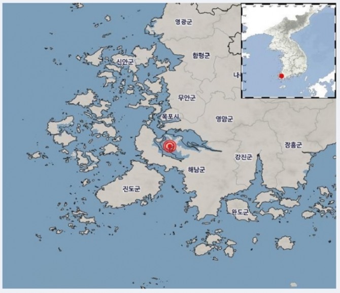 3일 오후 10시7분께 전남 해남군 서북서쪽 21㎞ 떨어진 지역에서 발생한 규모 3.1 지진의 진앙 위치. 사진=기상청