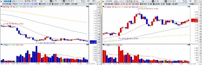 5월 옵션 만기일을 이틀 앞두고 12일 코스피200 선물지수가 하락하자 콜옵션과 풋옵션의 등락이 크게 엇갈리고 있다.  12시 24분 현재 좌측이 콜옵션 5월물 255행사가격의 5분차트며, 우측은 풋옵션 5월물 255 행사가격의 5분 차트다.  