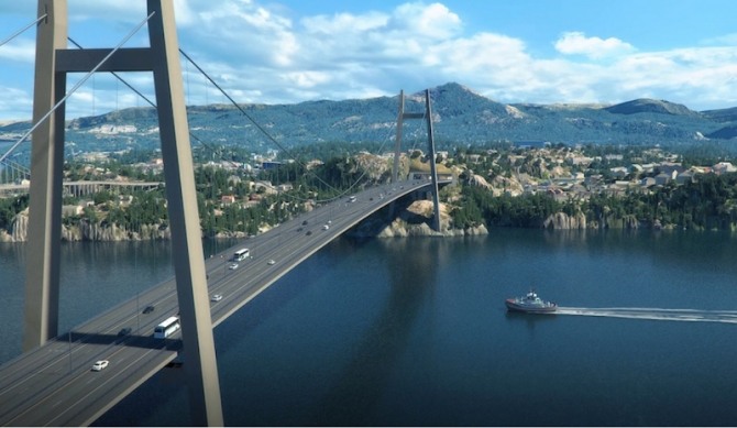 SK건설이 컨소시엄 형태로 입찰자격을 획득한 노르웨이 국도 555번 건설 공사에 세워질 '뉴 소트라 대교(New Sotra Bridge)'의 가상도. 사진=ENR 홈페이지