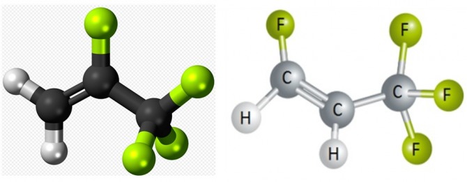 C3H2F4 HFC(hydro fluoro carbon) 냉매원소구조.(R-1234yf)는 동일한 화학 원소를 갖지만 한 세트의 탄소 원자 사이에 하나의 이중 결합을 포함하는 하이드로 플루오로 올레핀 (HFO) 냉매.(2017년 이후)