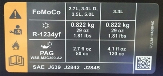 R1234yf 냉매적용차량 제원표시(냉매용량, 냉매오일,취급주의,SAE분류) 