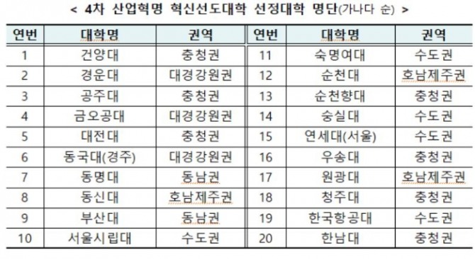 교육부가 선정한 '4차 산업혁명 혁신선도대학 선정대학' 명단. 자료=교육부