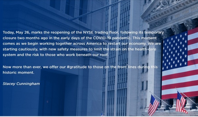 26일 뉴욕증권거래소 홈페이지에는 재개장을 알리는 스테이시 커닝햄 최고경영자(CEO)의 성명이 게시되어 있다.  사진=NYSE 홈페이지 화면 캡쳐