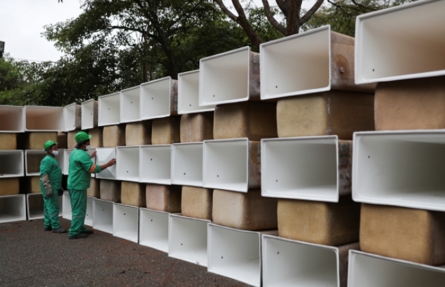 브라질 상파울루의 한 시립묘지에서 직원들이 코로나19 사망자 증가에 대비해 관들을 안치할 공간을 늘리는 작업을 하고 있다.
