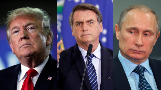 도널드 트럼프 미국 대통령, 자이르 보우소나루 브라질 대통령, 블라디미르 푸틴 러시아 대통령(왼쪽부터). 사진=로이터