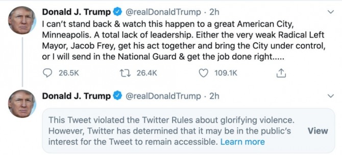 트위터의 경고문이 붙은 트럼프 대통령의 트위. 사진=뉴시스