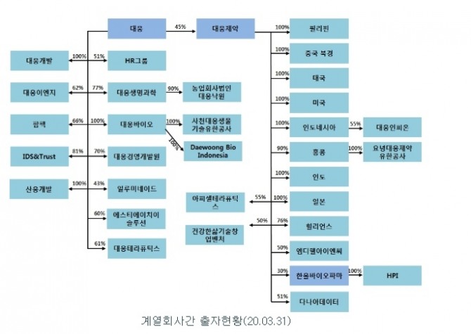 대웅그룹 계열사 출자현황. 정점에 지주회사인 대웅이 있다. 사진=대웅제약 사업보고서