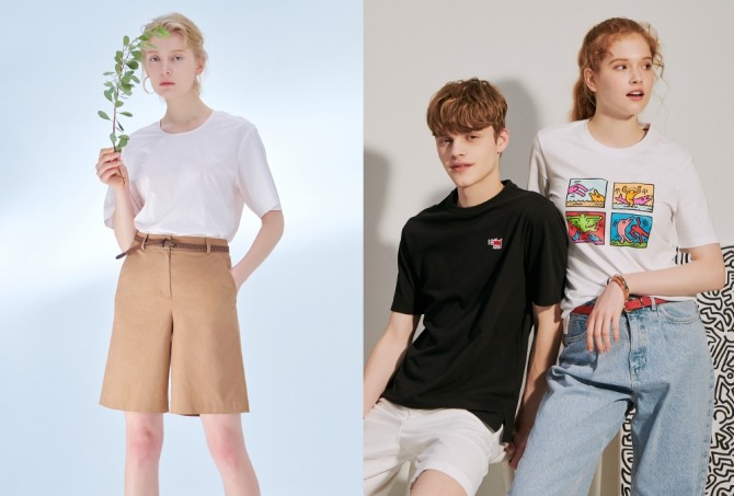 CJ오쇼핑이 지오송지오·키스해링의 여름 패션을 선보일 예정이다. 사진 왼쪽은 지오송지오의 여름용 리넨 버뮤다 반바지(테라코타 베이지), 오른쪽은 키스해링의 여름 스페셜 티셔츠. 사진=CJ오쇼핑