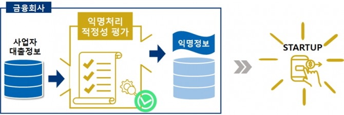 금융회사가 신용정보 등을 익명처리해 적정성평가를 통과하면 안전한 익명정보로서 금융회사가 직접 활용하거나 창업 기업 등에 제공하고 창업 기업 등이 법적 부담없이 안전하게 데이터를 활용할 수 있다. 자료=금융위원회