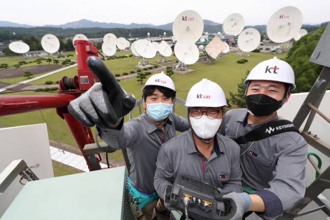 KT SAT 직원들이 금산위성센터 위성 안테나를 점검하고 있다. 사진=KT