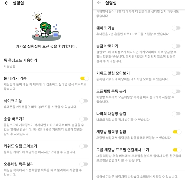 카카오톡 설정 메뉴를 통해 들어갈 수 있는 '실험실' 기능 목록. 출처=카카오톡 갈무리