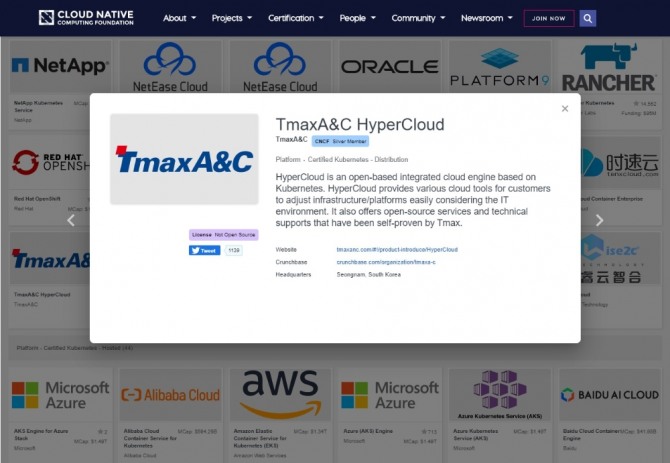 티맥스A&C의 오픈 클라우드 플랫폼 ‘하이퍼클라우드(HyperCloud)’가 쿠버네티스 적합성 인증을 받았다. 사진=티맥스