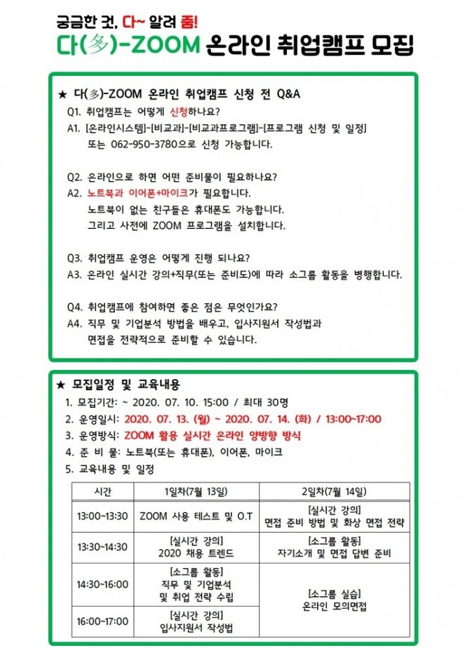 광주여대(총장 이선재) 대학일자리센터가 오는 13일부터 14일까지 재학생 3~4학년과 졸업생 30명을 대상으로 (이하, 온라인 취업캠프)를 개최한다고 10일 밝혔다. /광주여대=제공