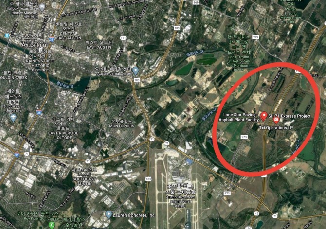 테슬라가 ‘기가팩토리5’ 공장 부지로 검토 중인 텍사스주 오스틴 국제공항 인근의 부지. 사진=구글맵